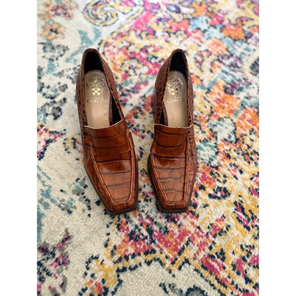 Vince Camuto Segellis Brown Croc Embossed Leather Block Heel Loafers Women's 9.5 - Picture 2 of 8